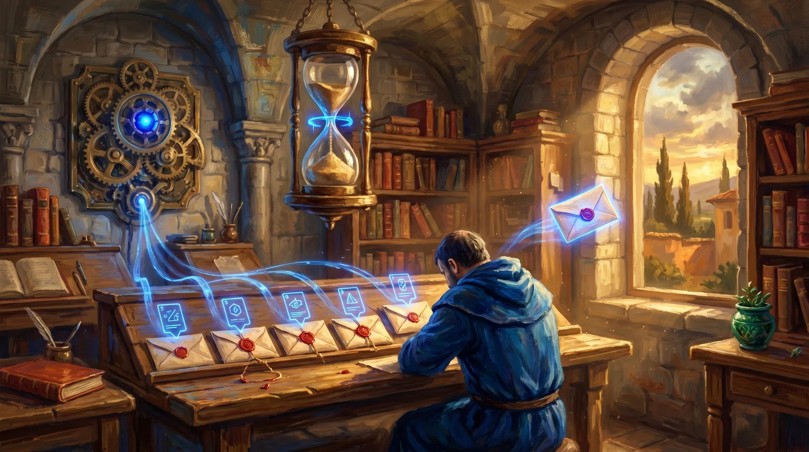 Scriptorium rinascimentale: uno scriba di spalle al banco di lavoro con sequenza di 7 pergamene marcate, una clessidra-meccanismo sopra e un orologio a ingranaggi cobalto a parete che automatizza la sequenza, prima pergamena che si solleva e fluttua verso la finestra — la sequenza follow-up automatica