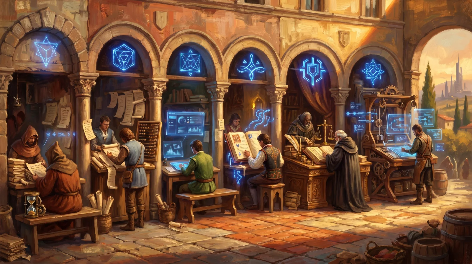 Strada mercantile rinascimentale al golden hour con sei botteghe di scribi affiancate sotto archi: ognuna con caratteristiche distintive (semplice, vivace, ordinata, creator, premium ornata, tecnologica con flow diagrams), un glifo olografico cobalto sopra ogni arco — i 6 software email marketing 2026 in metafora