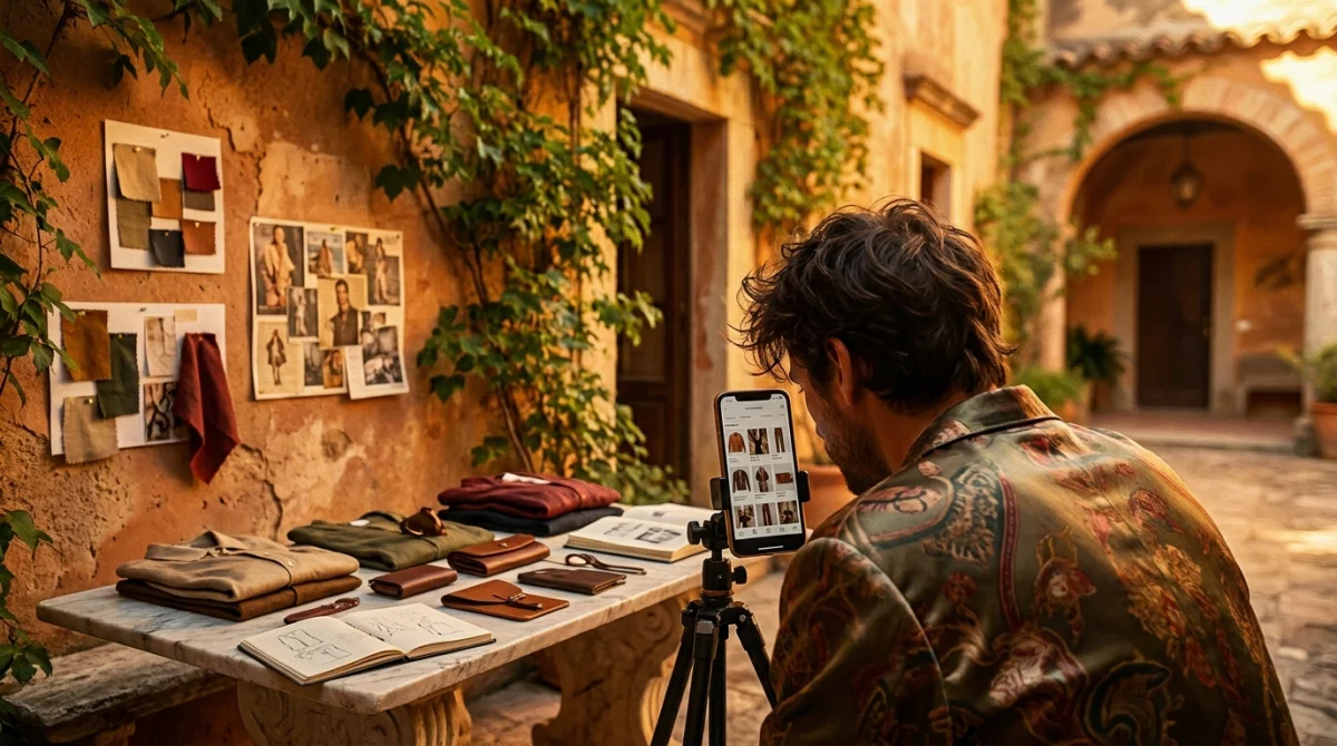 Affresco pittoresco di una fashion blogger italiana che fotografa outfit in un cortile mediterraneo al tramonto