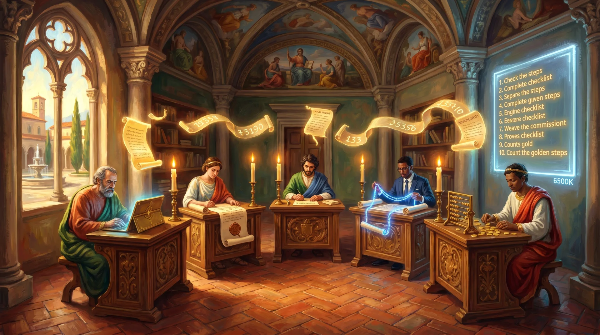 Illustrazione di uno scriptorium rinascimentale con scribi che seguono i 10 step dell'affiliazione Amazon, checklist olografica in fondo