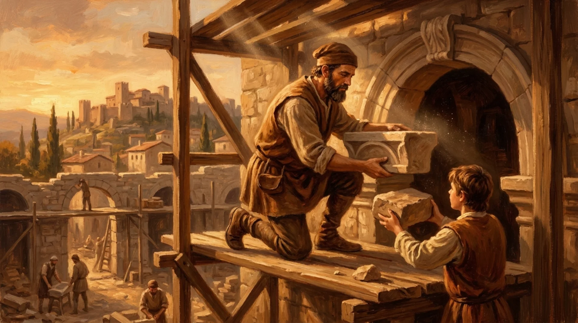 Affresco rinascimentale di un mastro muratore che assembla blocchi di pietra per costruire un arco, ogni pezzo si incastra precisamente con l'altro, apprendista che gli passa il blocco successivo