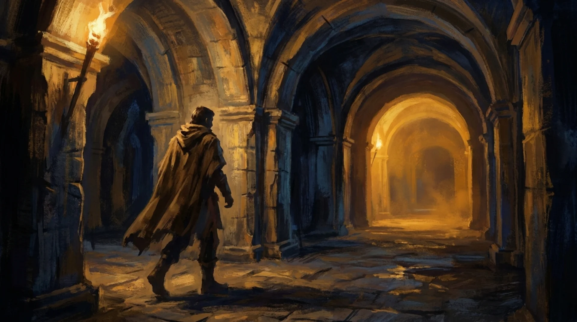 Affresco rinascimentale di una figura solitaria che cammina verso la luce in fondo a un tunnel di pietra