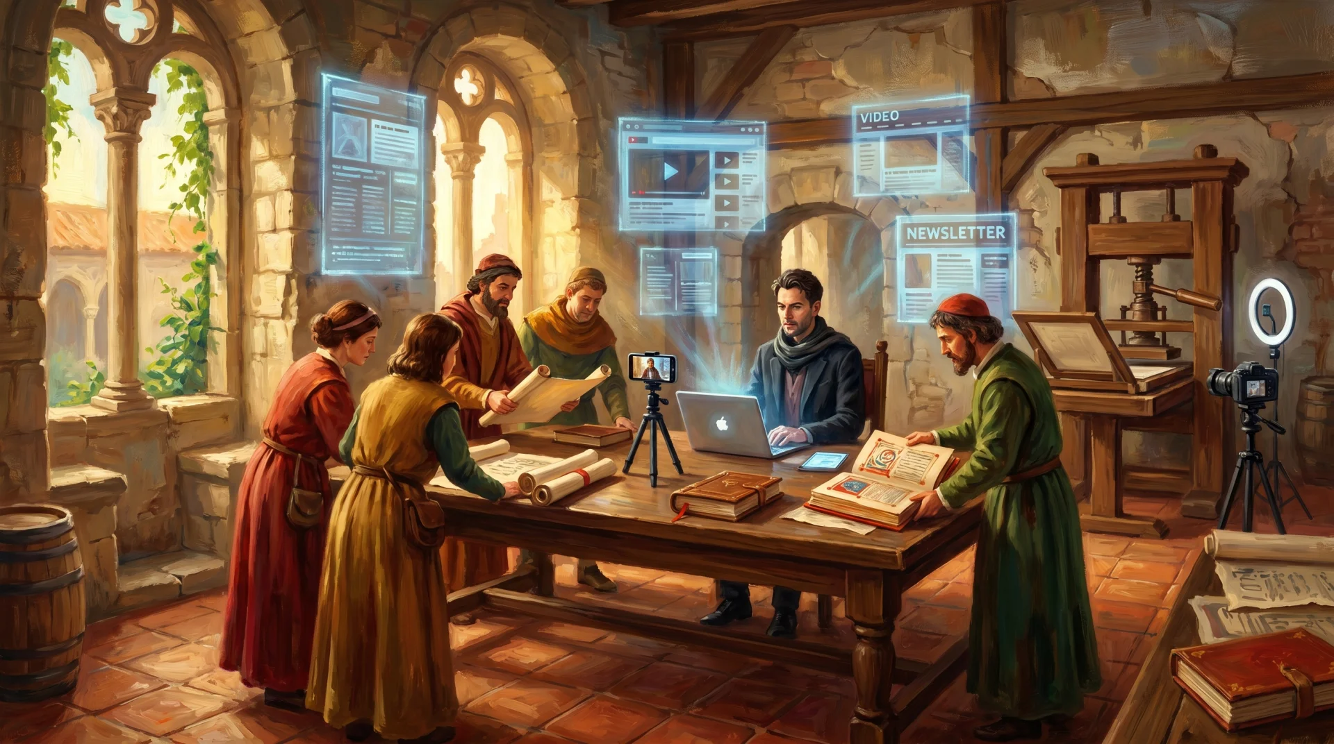Affresco: manoscritto illuminato scritto con penna d'oca che si trasforma in stream digitale con blog e video che orbitano attorno