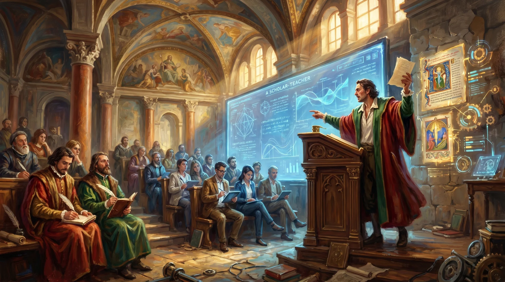 Affresco: docente al podio in aula colonnata rinascimentale con luce che illumina rotoli e interfacce digitali