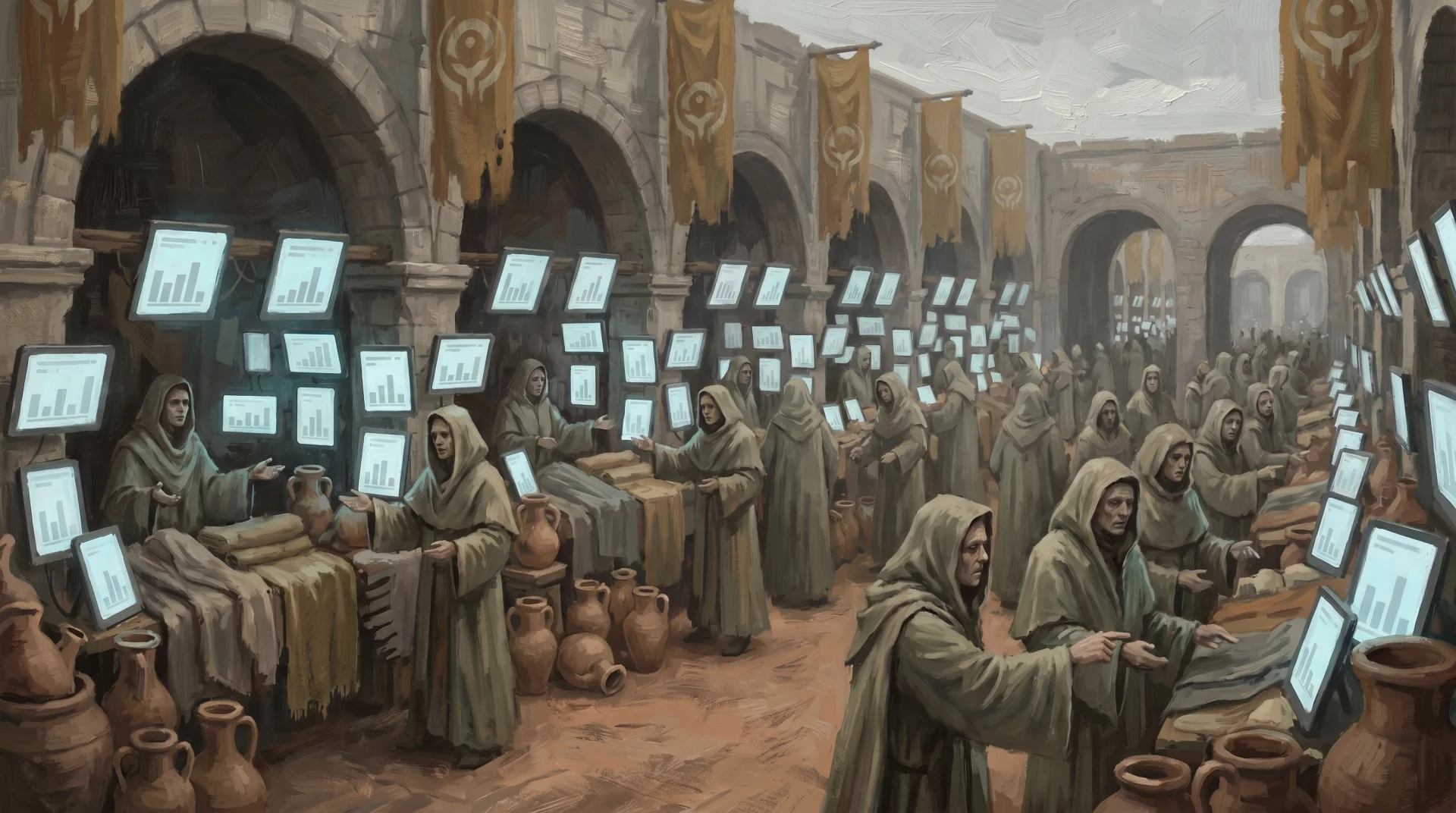 Affresco: mercato saturo di bancarelle identiche che si estendono all'orizzonte con smartphone fluttuanti