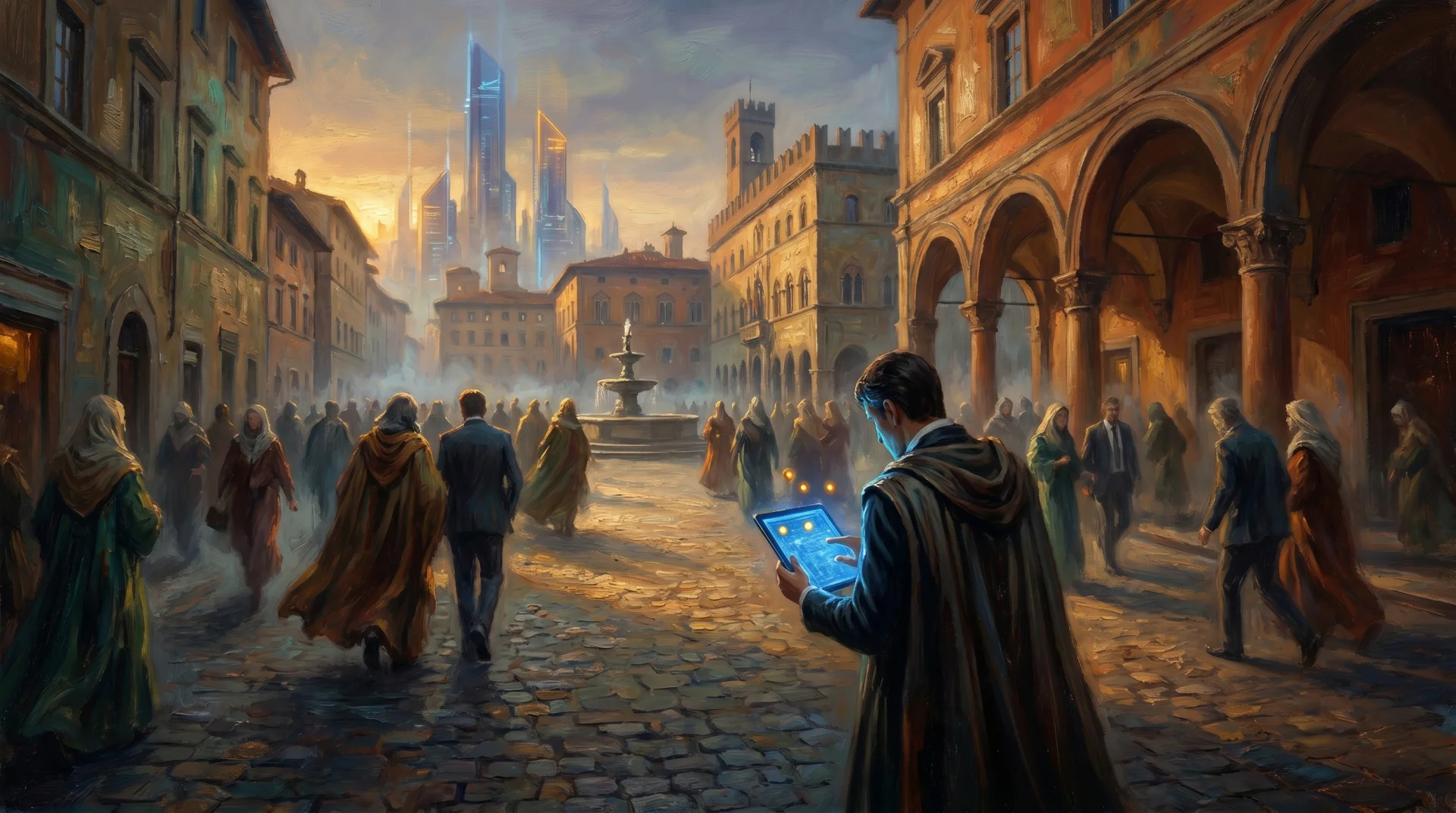 Affresco painterly — piazza italiana al tramonto, folla che si disperde lungo le strade laterali, in primo piano un mercante con tablet luminoso che registra solo i 2-3 contatti rimasti accesi