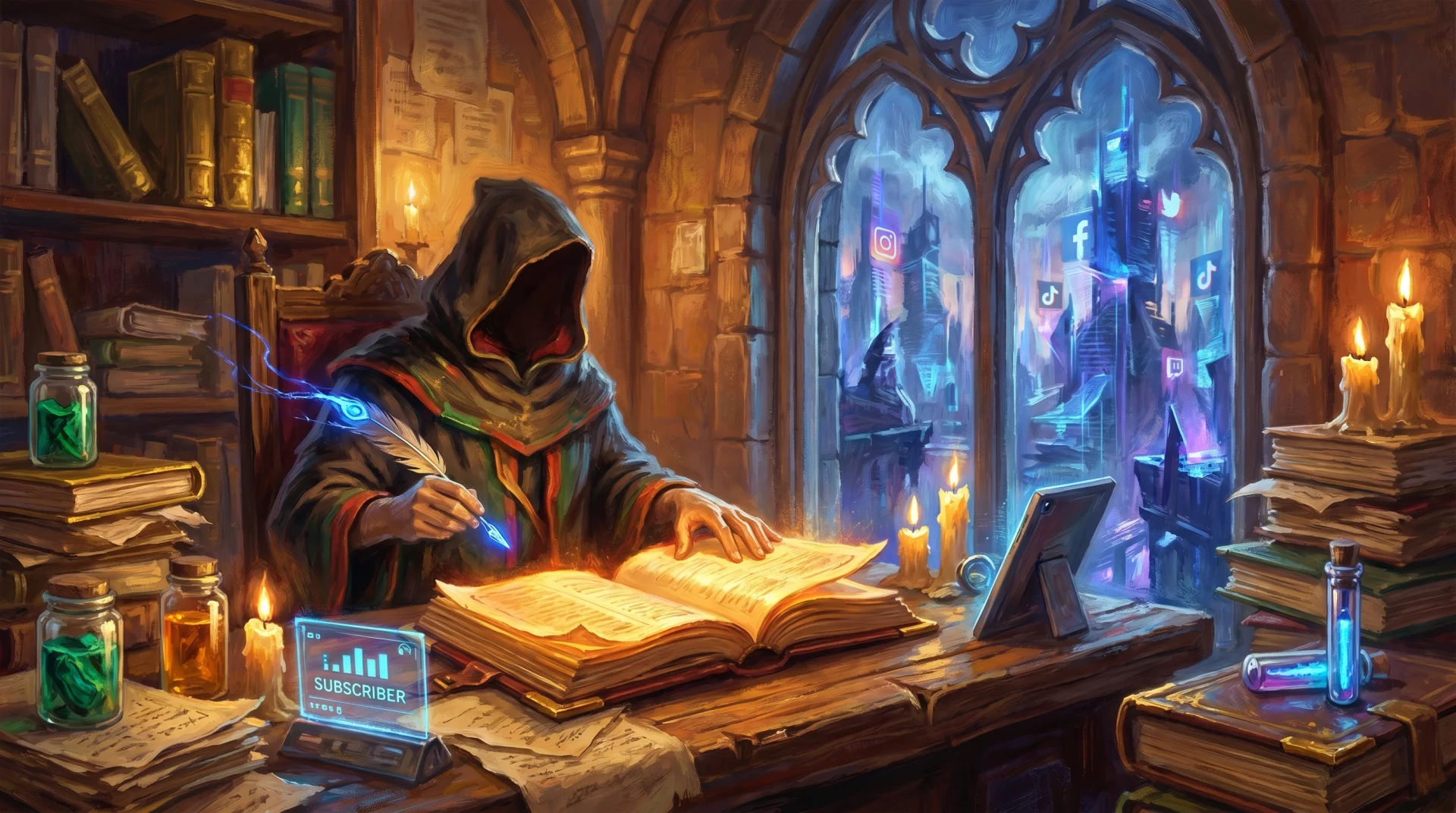 Affresco painterly — scriptorium rinascimentale italiano, archivista incappucciato che custodisce un grande libro mastro luminoso (la lista email), dietro la finestra ad arco una skyline cyberpunk in tempesta con loghi social che si dissolvono