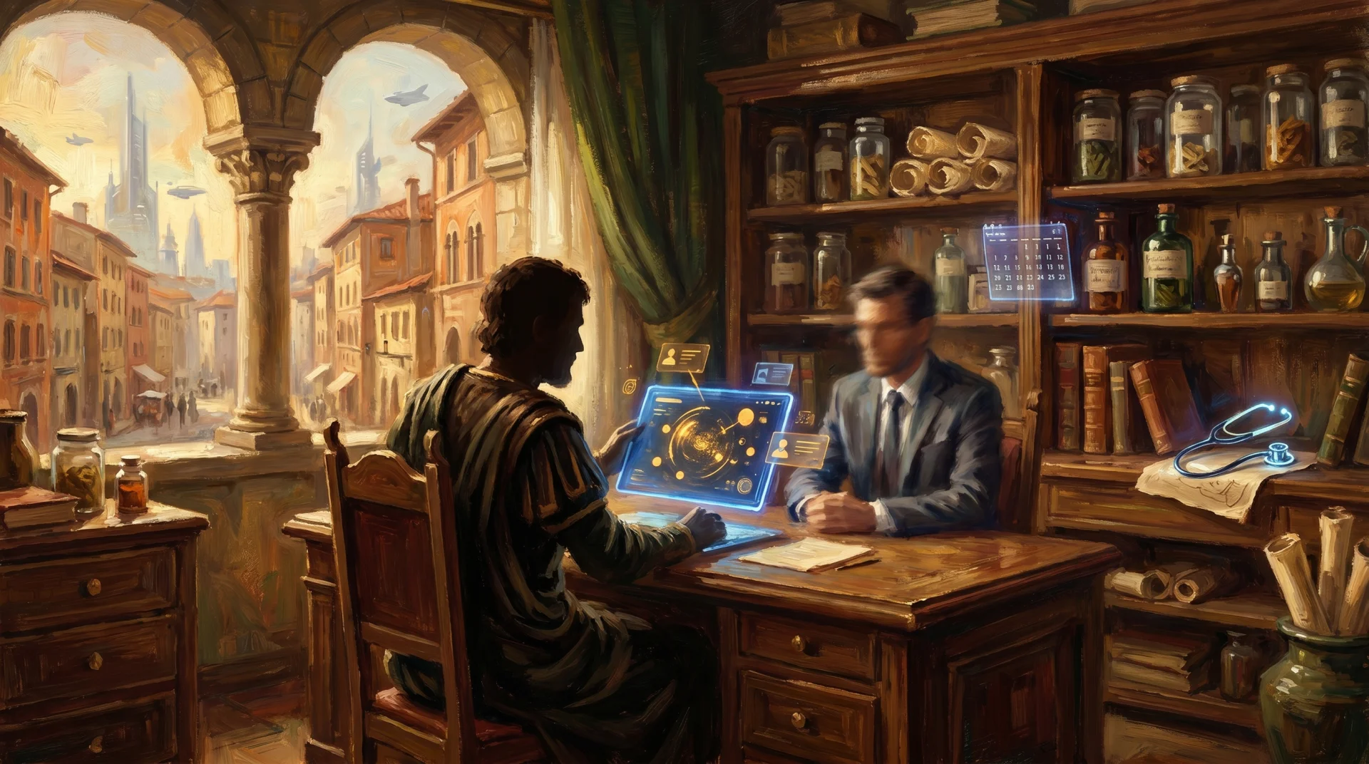 Affresco painterly — bottega-studio medico rinascimentale italiano, dottore in toga e paziente moderno in giacca, tablet olografico cobalto al centro del tavolo che mostra i contatti in arrivo