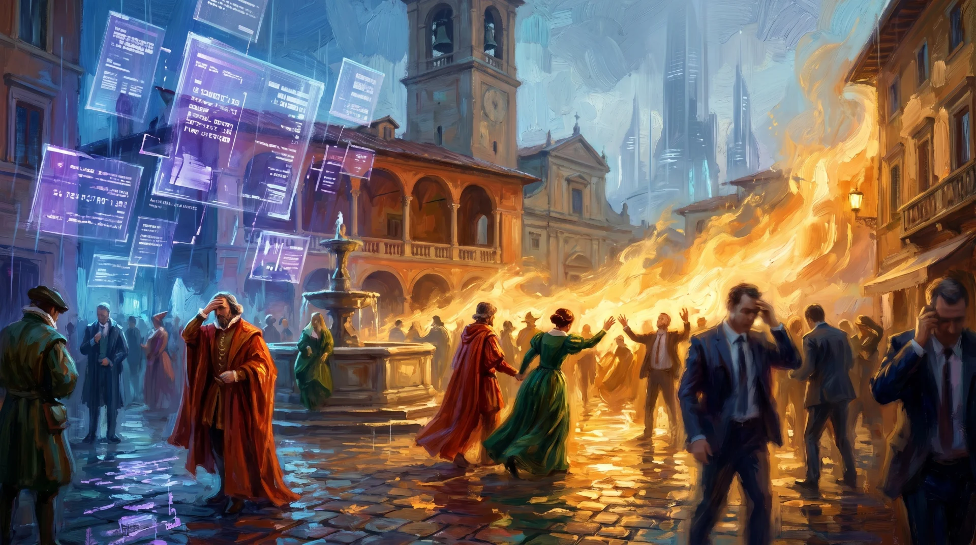 Affresco painterly — piazza italiana inondata da una marea di luce dorata da destra (le AI Overviews che riscrivono il panorama), pannelli olografici cobalto fluttuanti a sinistra, figuranti rinascimentali e moderni che si muovono in direzioni opposte