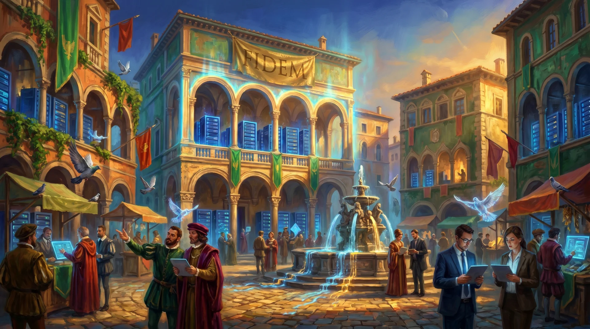 Affresco painterly — piazza rinascimentale italiana al tramonto, vari palazzi-server provider, uno luminoso dorato al centro come il scelto