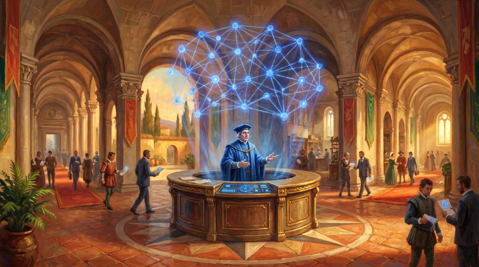 Sala delle corporazioni rinascimentale al golden hour: hub centrale con un amministratore in toga blu cobalto al banco circolare, 4 corridoi che si dipartono verso bottegheche diverse, sopra il banco un grande diagramma olografico cobalto del network — la metafora del network come intermediario centralizzato