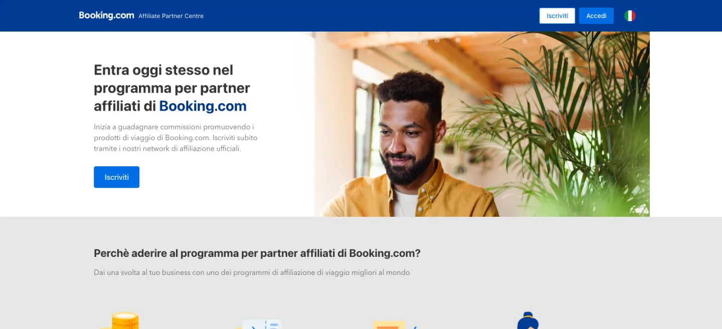 Pagina del programma per partner affiliati di Booking.com con il pulsante di iscrizione