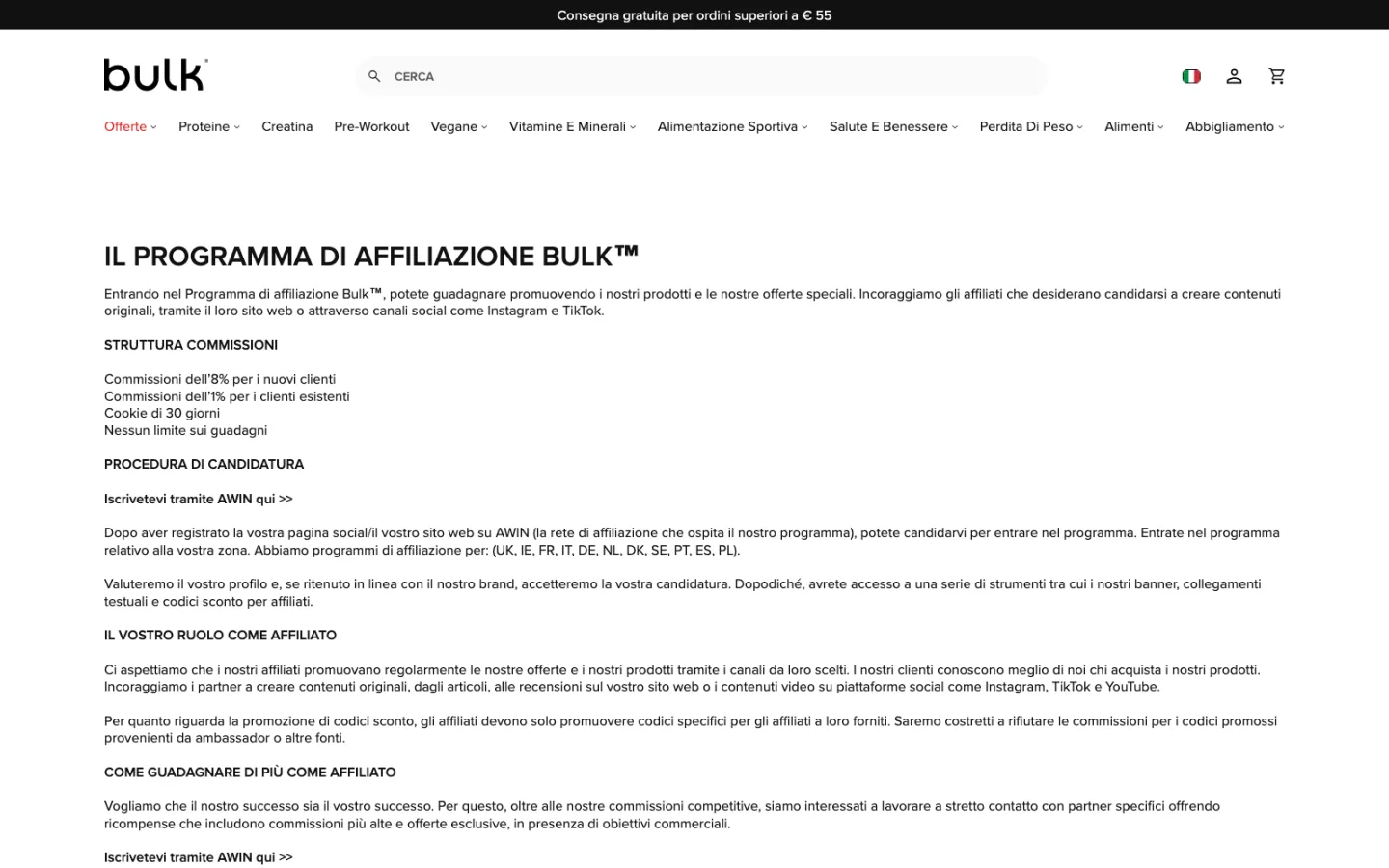 Pagina del programma di affiliazione Bulk: struttura commissioni e candidatura tramite Awin