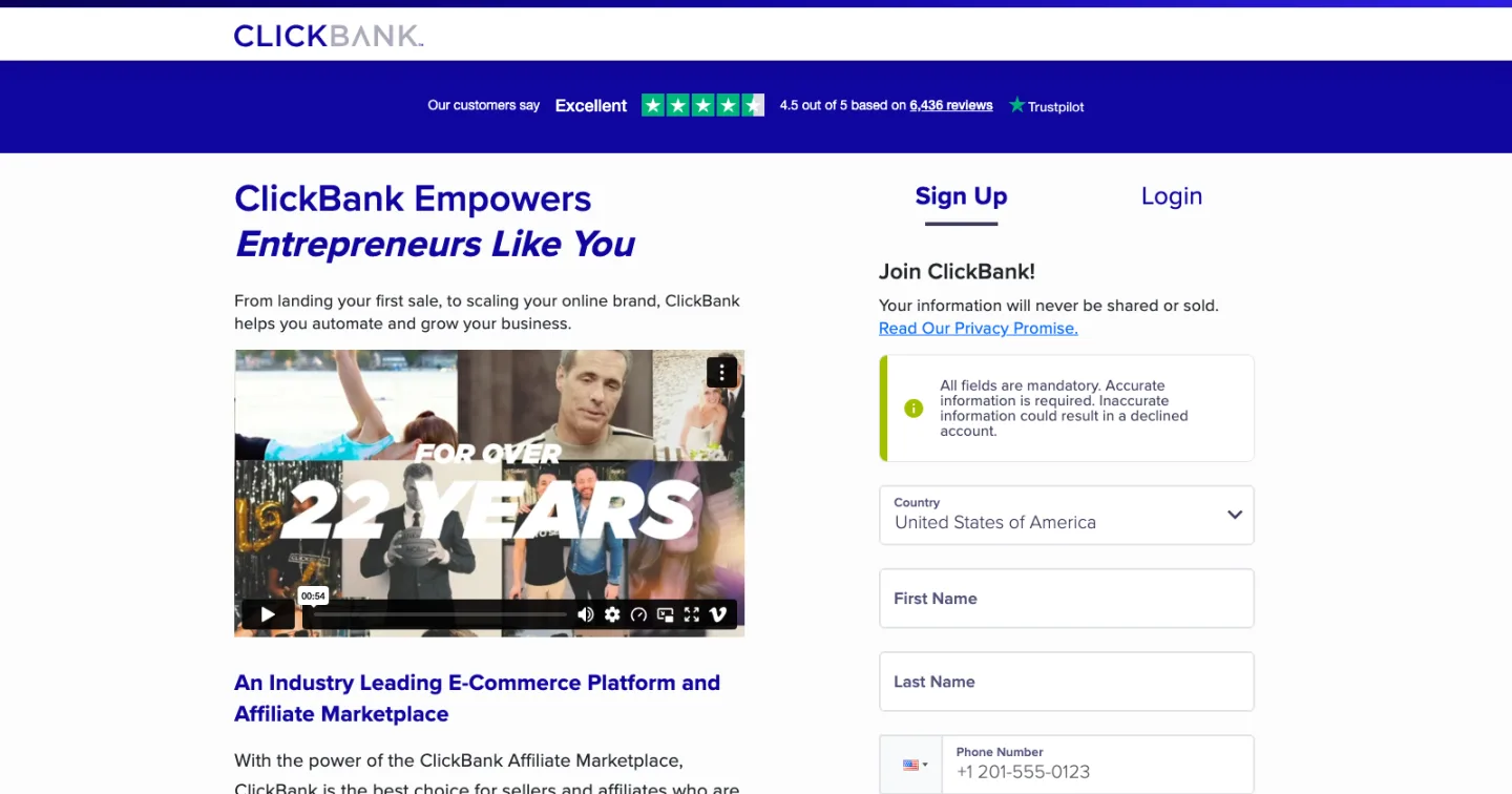 Pagina di iscrizione a ClickBank con il modulo per creare l'account affiliato