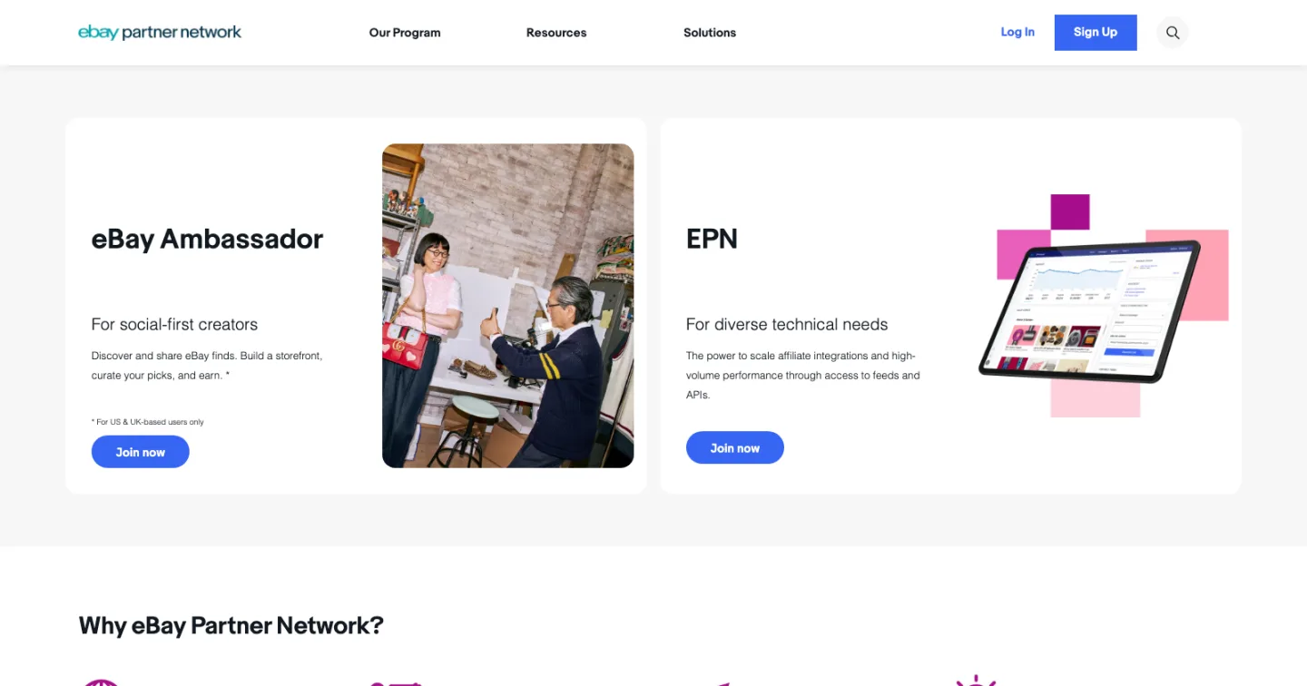 Pagina dell'eBay Partner Network con i due percorsi eBay Ambassador ed EPN e i pulsanti di iscrizione