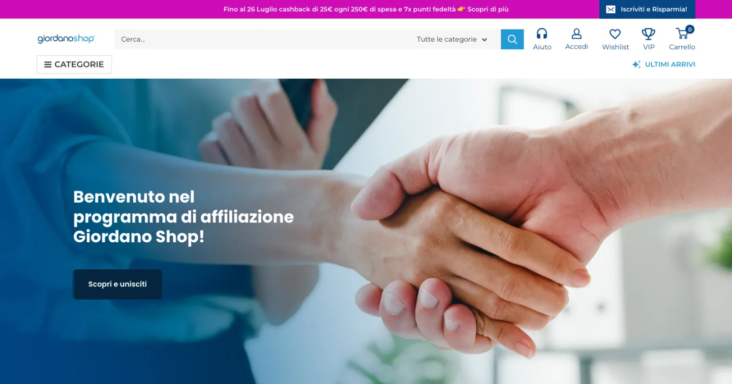 Pagina del programma di affiliazione Giordano Shop con il pulsante per iscriversi