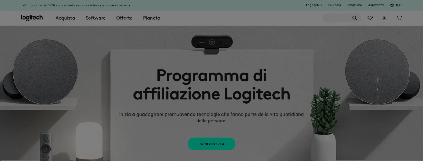 Pagina del Programma di affiliazione Logitech con il pulsante «Iscriviti ora»