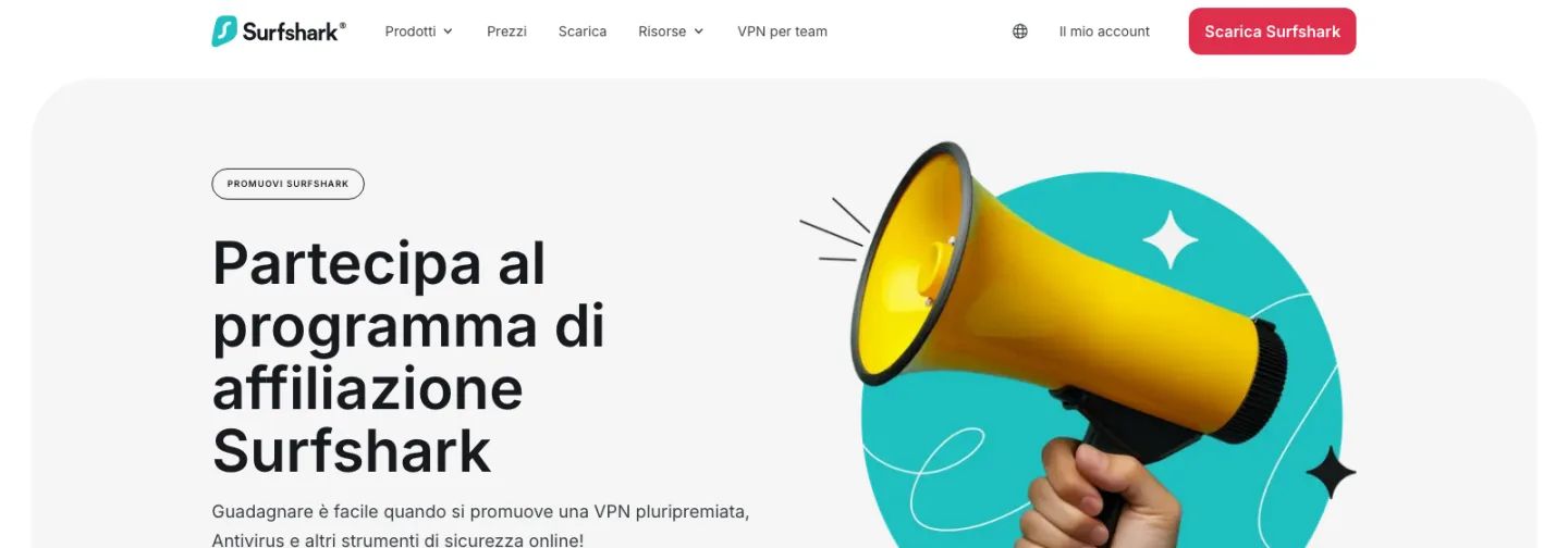 Pagina del programma di affiliazione Surfshark per promuovere la VPN