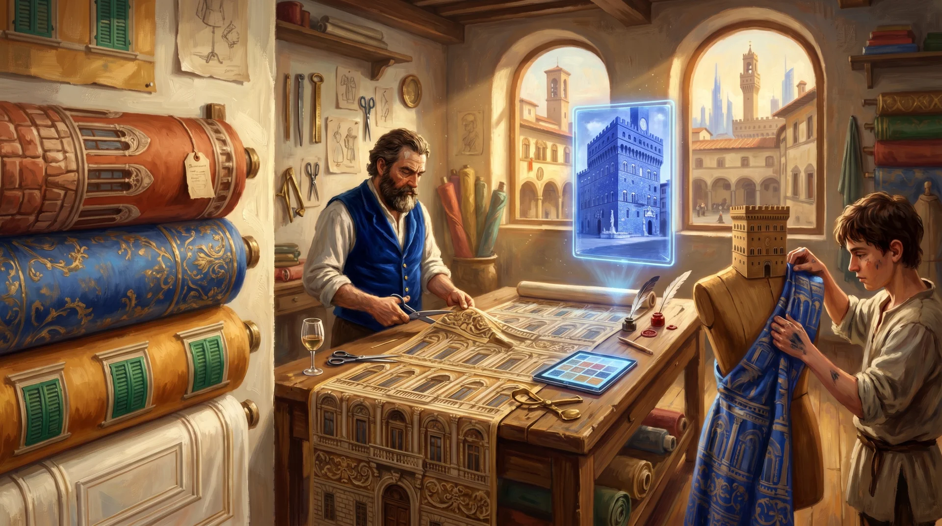 Affresco painterly — sarto rinascimentale che taglia stoffe ricamate con pattern di facciata di palazzo, allegoria della personalizzazione del tema