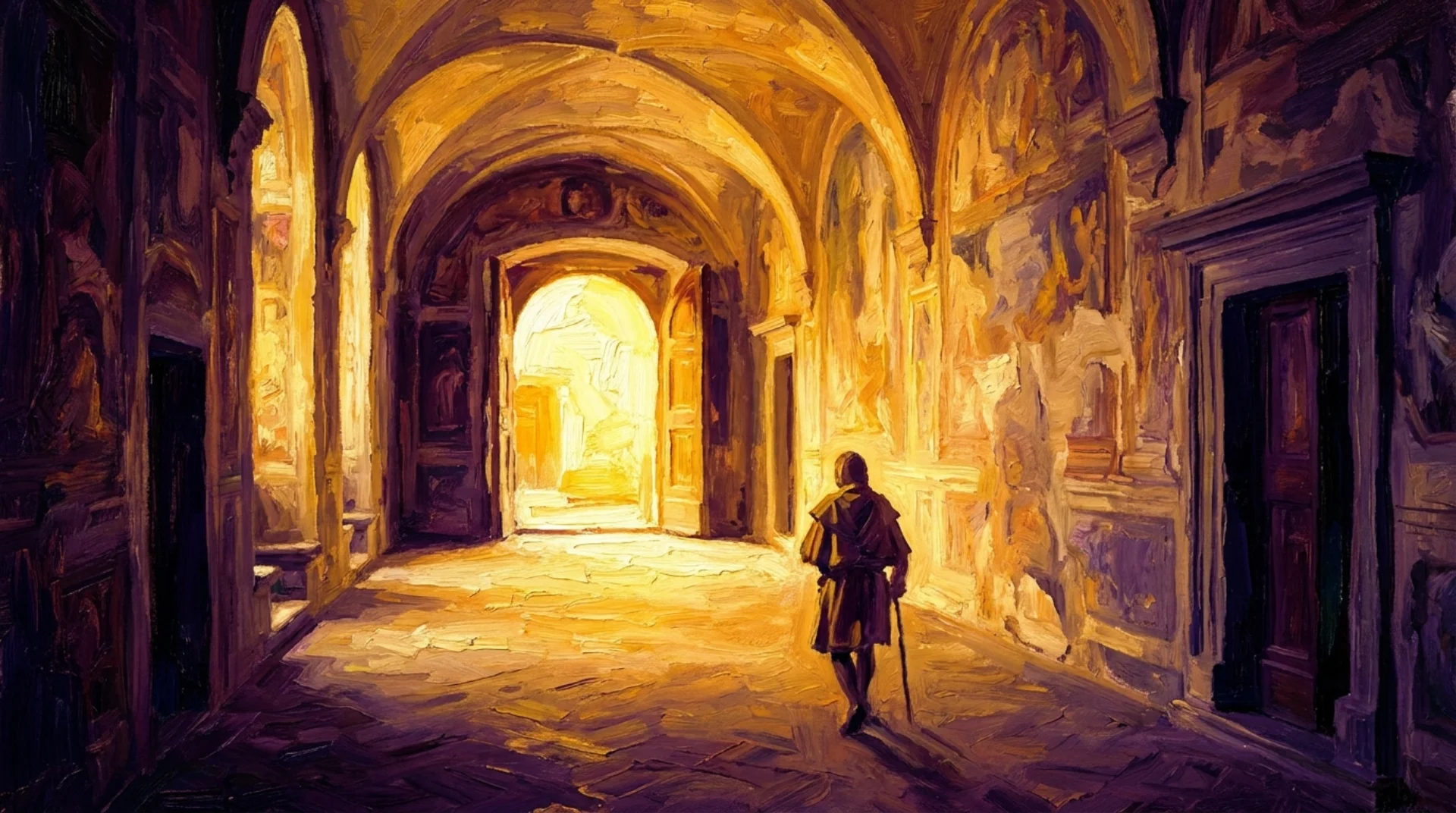 Affresco rinascimentale: figura di spalle che cammina verso una porta aperta con luce dorata intensa in un corridoio ad archi