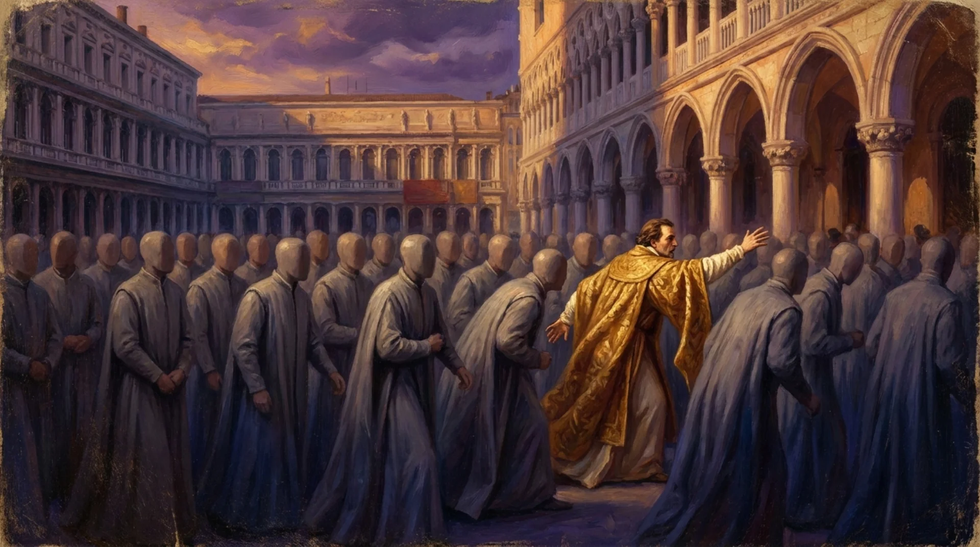 Affresco rinascimentale: figura in abito dorato che si distacca lateralmente da una folla uniforme in piazza italiana
