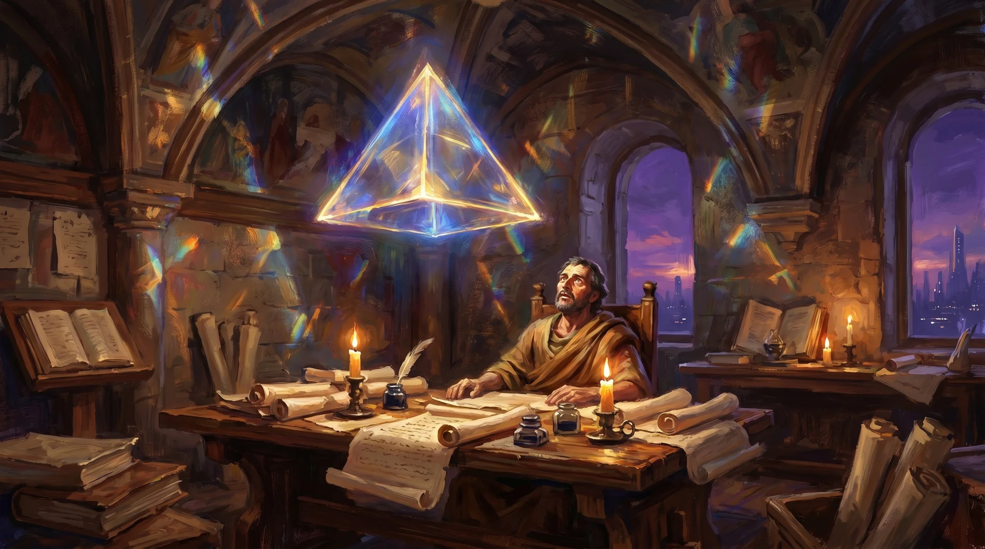 Affresco rinascimentale — filosofo in scriptorium che contempla una piramide di luce sospesa: psicologia del desiderio e marketing