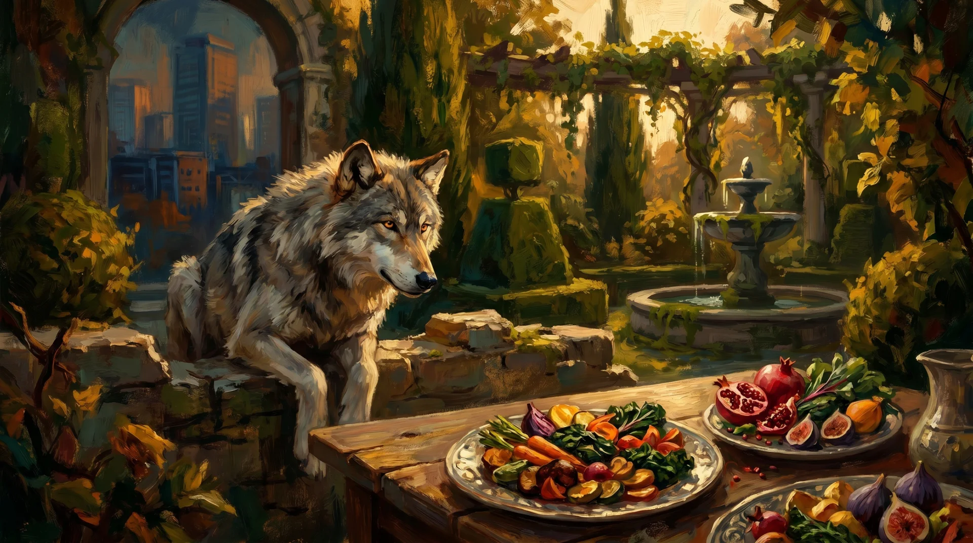 Affresco rinascimentale — lupo contemplativo in un giardino italiano che osserva un piatto vegetale curato, metafora della trasformazione del desiderio