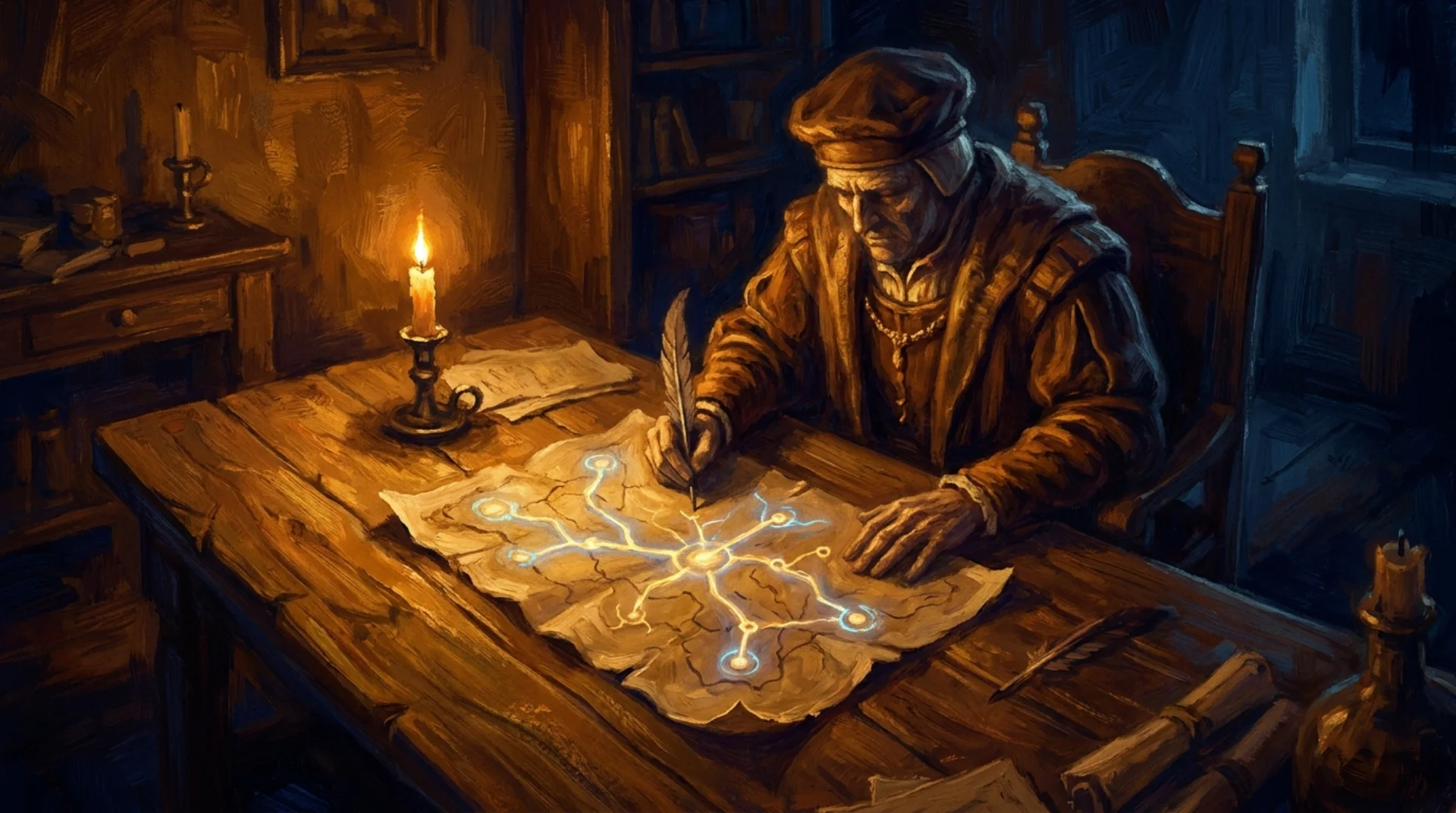 Cartografo rinascimentale che studia mappe di connessione luminose, metafora del sistema Meta Ads