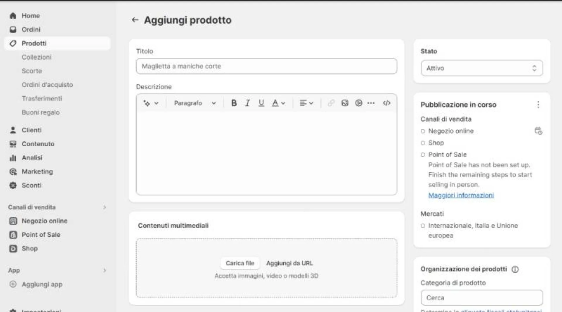 Screenshot dashboard Shopify sezione Aggiungi prodotto con campi titolo, descrizione, media e organizzazione
