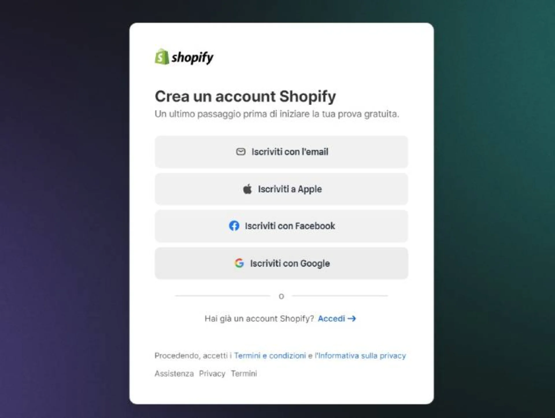 Screenshot schermata creazione account Shopify con opzioni di registrazione email, Apple, Facebook, Google