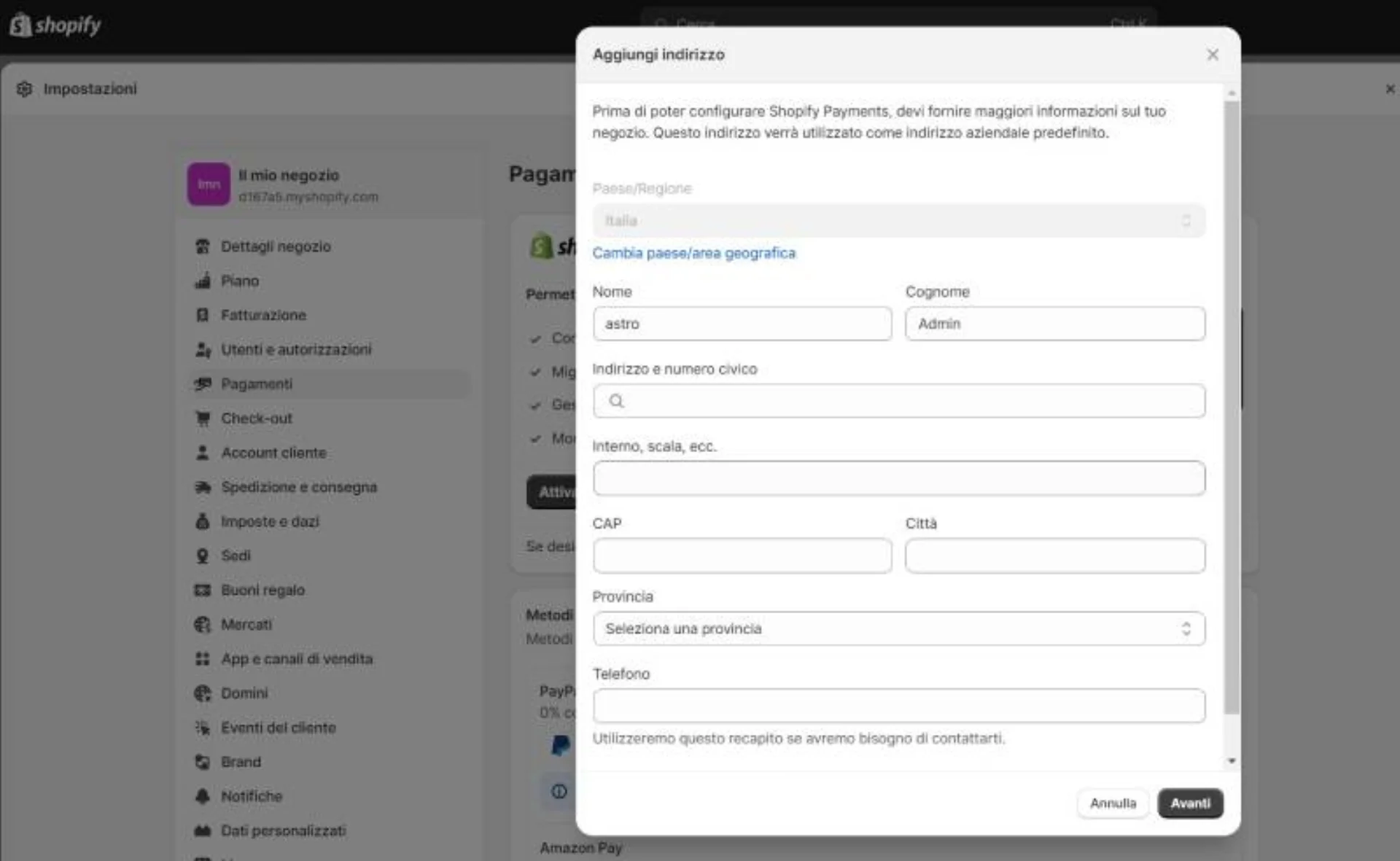 Screenshot configurazione Shopify Payments con dialog aggiunta indirizzo e sezione pagamenti dashboard