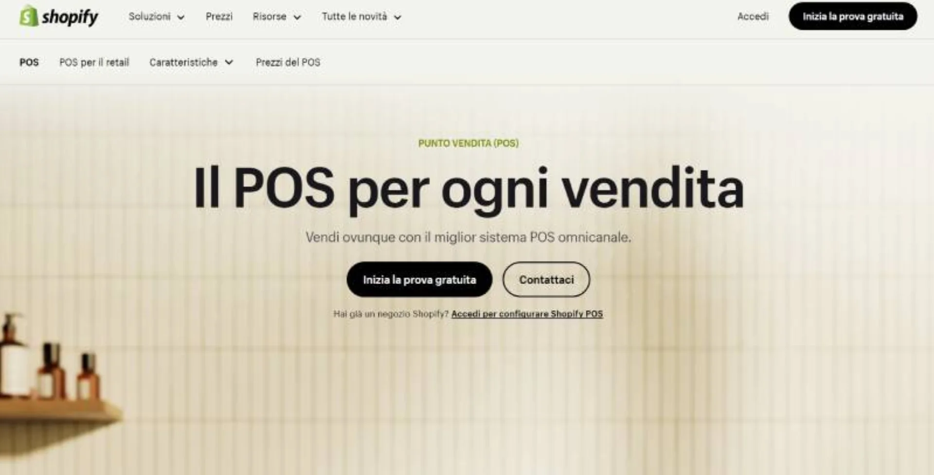 Screenshot pagina Shopify POS con headline Il POS per ogni vendita e CTA prova gratuita