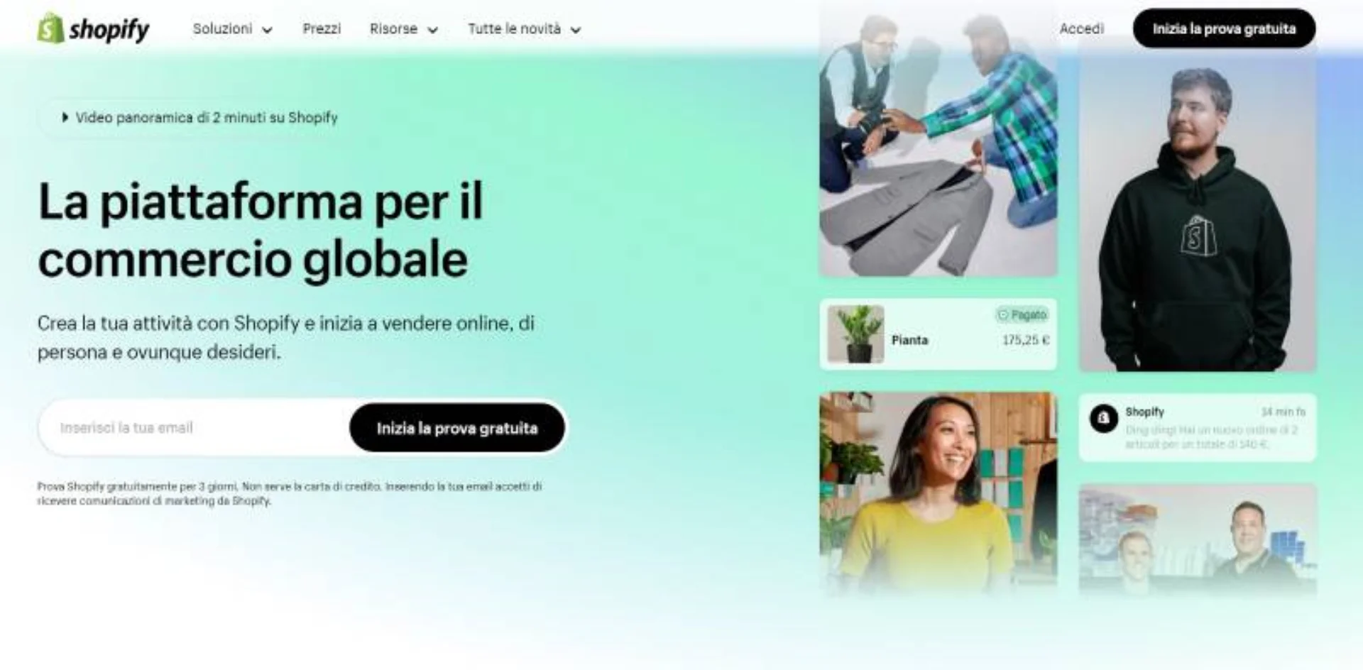 Screenshot homepage Shopify.com/it con CTA prova gratuita 3 giorni