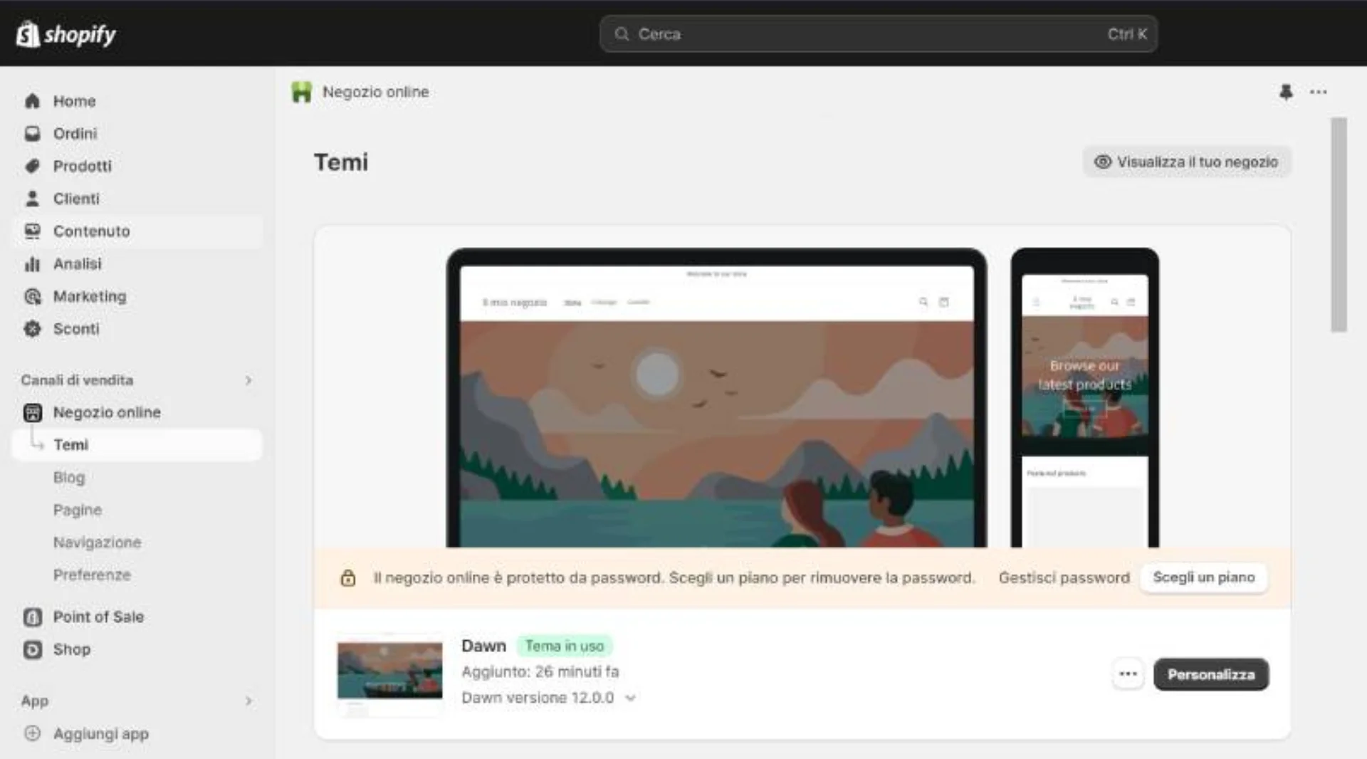 Screenshot sezione Temi di Shopify con tema Dawn attivo e pulsante Personalizza