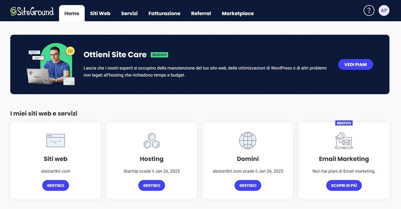 home siteground dashboard