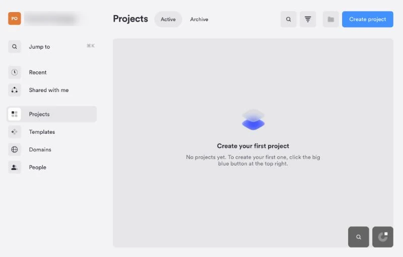 Schermata della dashboard di Onepage con il menu a sinistra: progetti, modelli, domini e persone