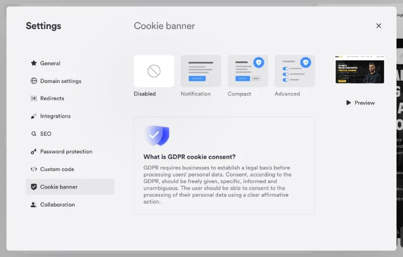 Schermata delle impostazioni Cookie banner di Onepage con le quattro opzioni: disattivato, Notification, Compact e Advanced