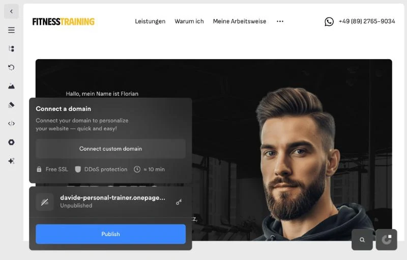 Schermata del pannello di pubblicazione di Onepage, con l'indirizzo della pagina non ancora pubblicata e il pulsante Publish