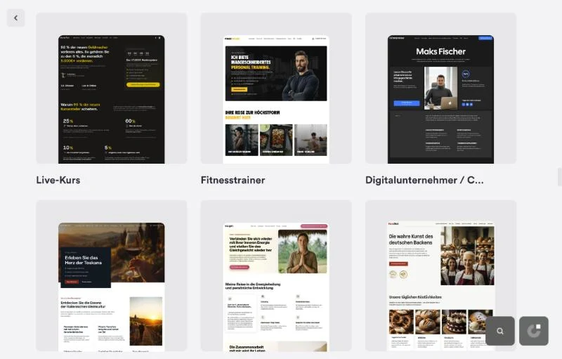 Schermata della galleria dei modelli di Onepage, con al centro il modello Fitnesstrainer usato per la pagina d'esempio