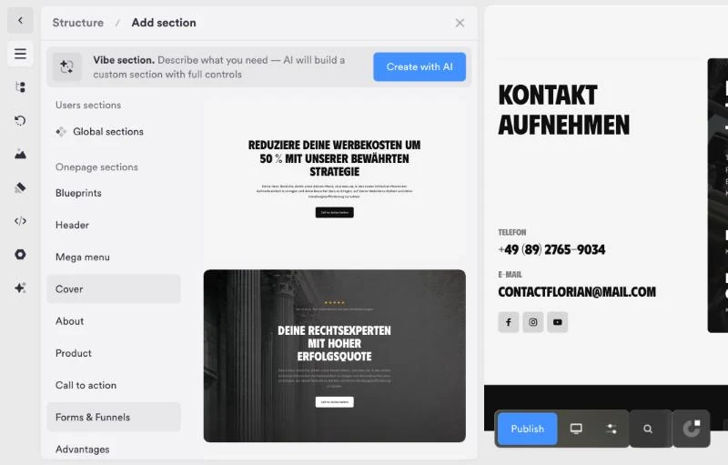 Schermata del pannello Add section di Onepage, con le categorie di sezioni già pronte e in alto la sezione costruita dall'intelligenza artificiale
