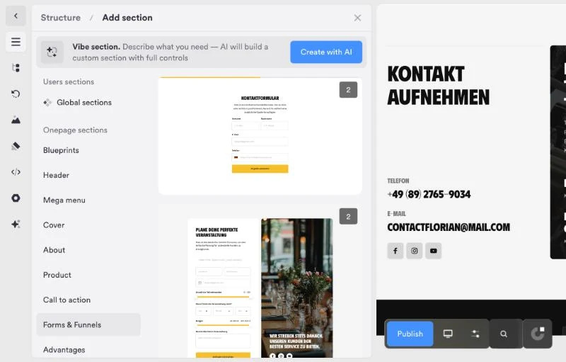 Schermata della categoria Forms & Funnels in Onepage, con il modulo di contatto pronto da aggiungere alla pagina