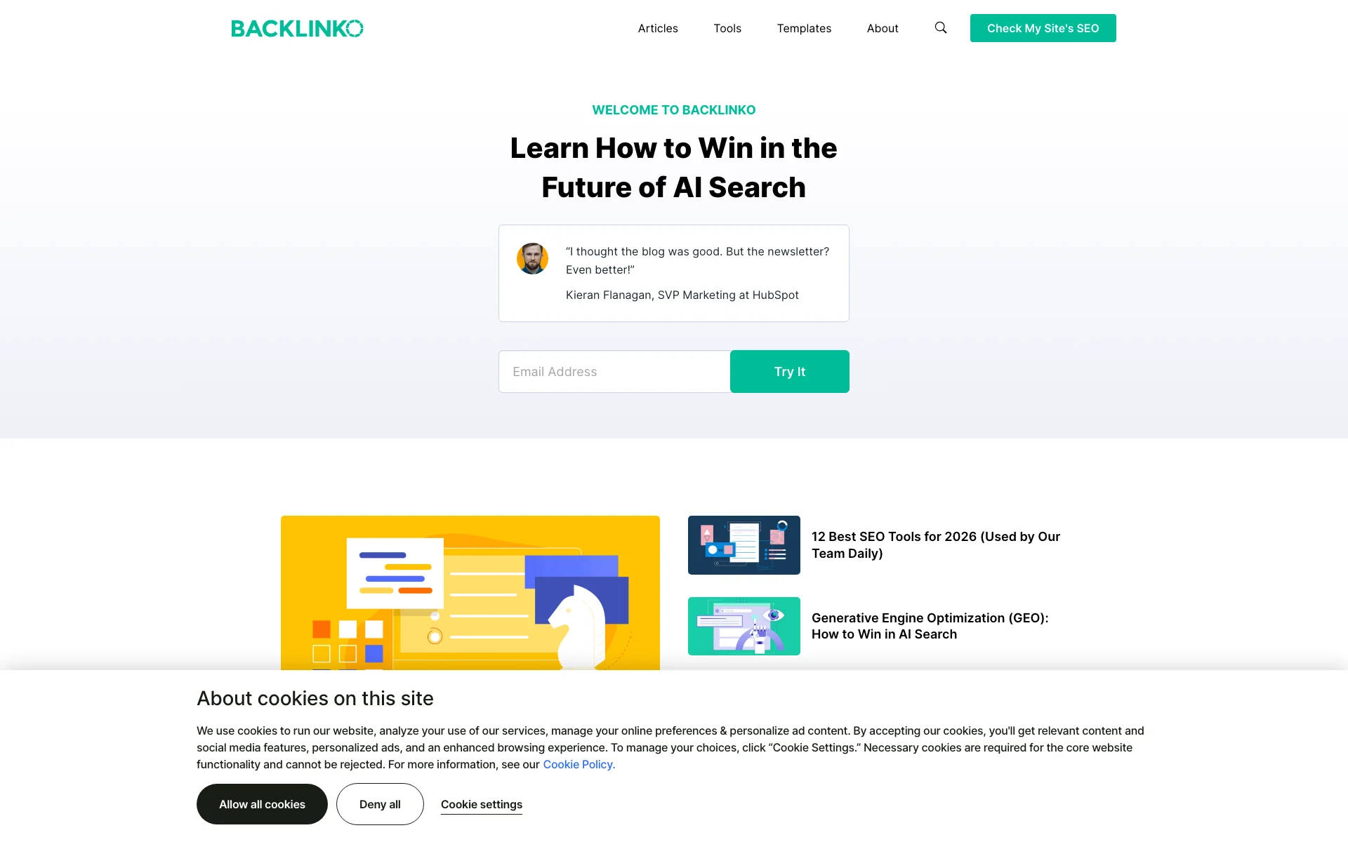 Squeeze page Backlinko: titolo "Learn How to Win in the Future of AI Search" + testimonial inline + form email con bottone verde "Try It"