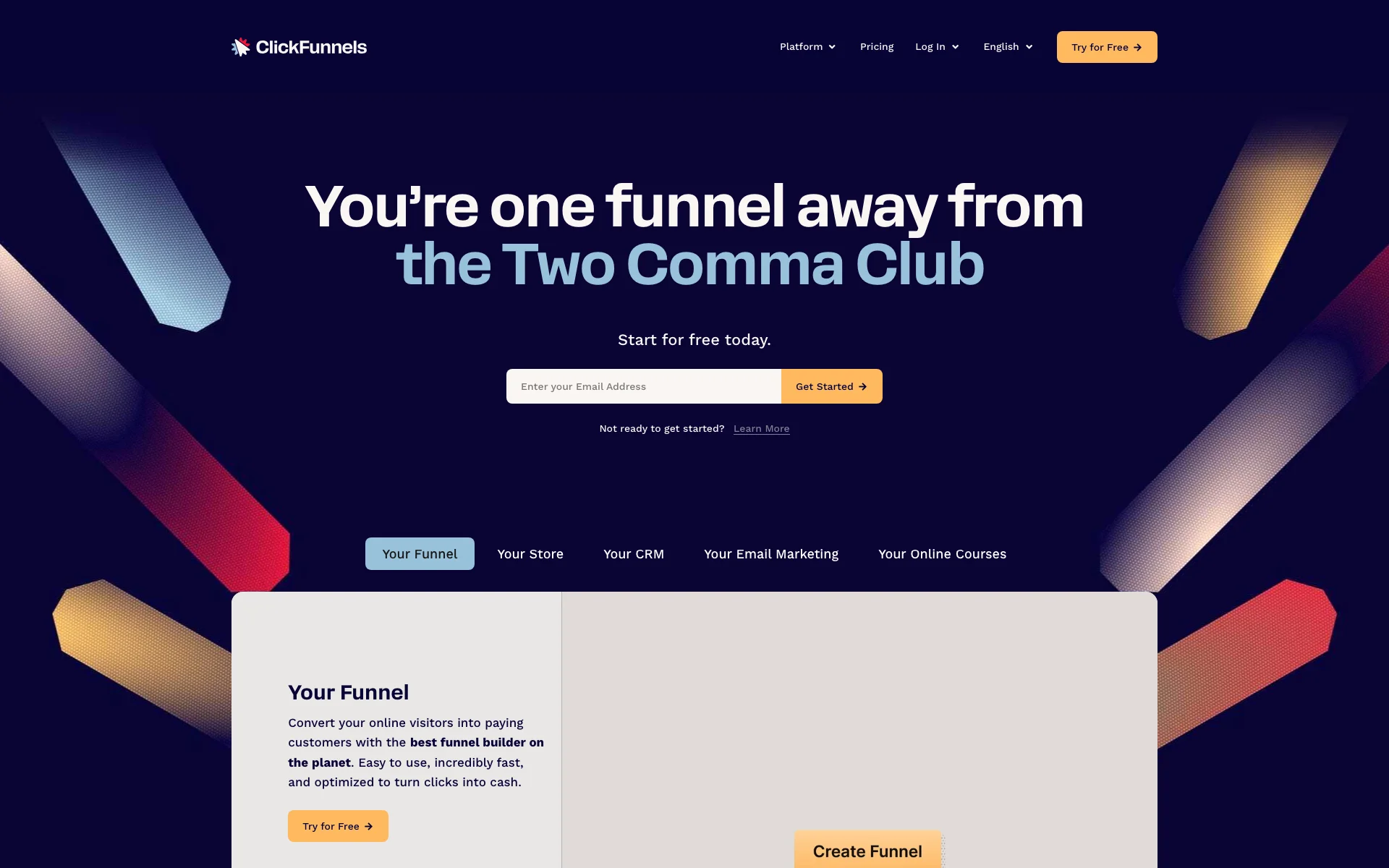 Squeeze page ClickFunnels: titolo "You're one funnel away from the Two Comma Club" + form email + 4 tab funnel/store/CRM/email marketing