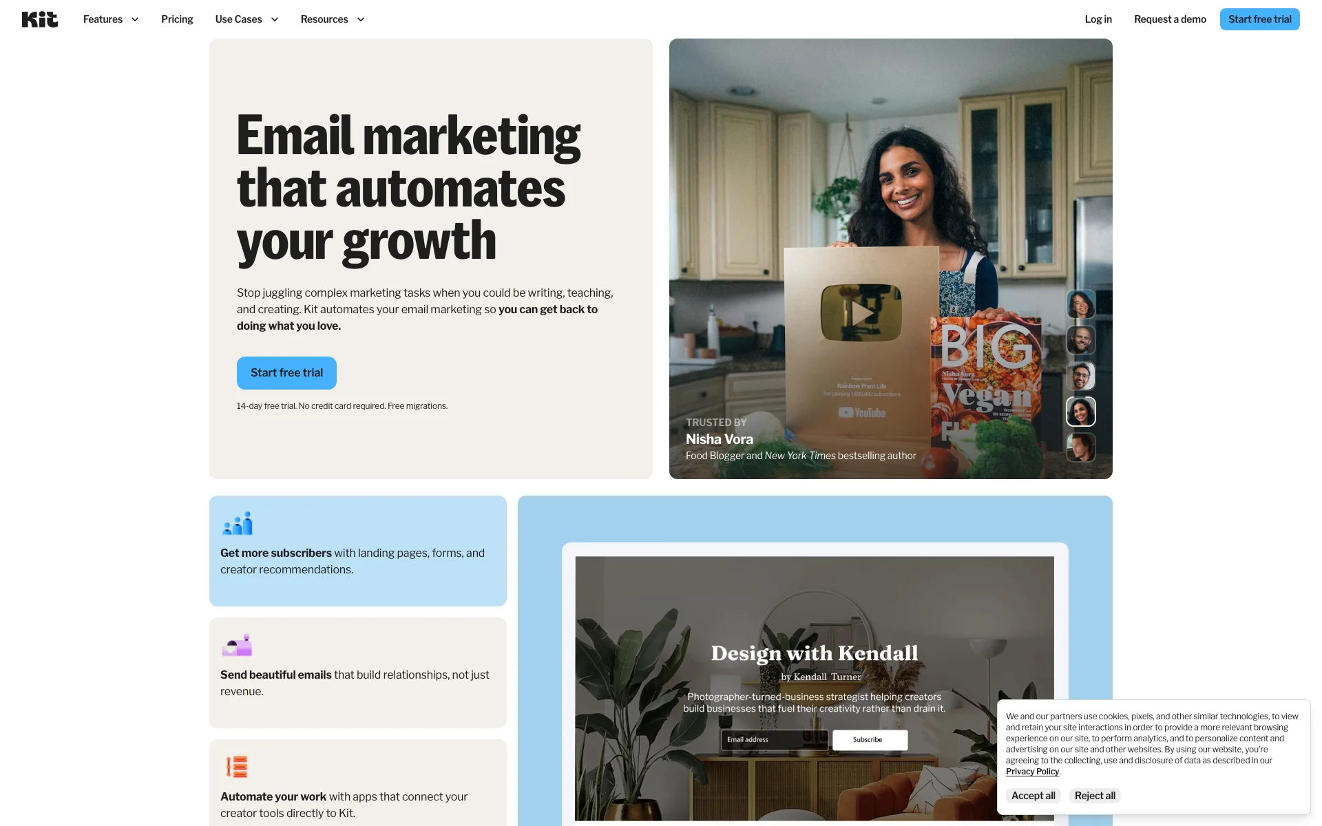 Squeeze page Kit (ex ConvertKit): hero "Email marketing that automates your growth" + bottone "Start free trial" + ritratto testimonial con badge "Trusted by..."
