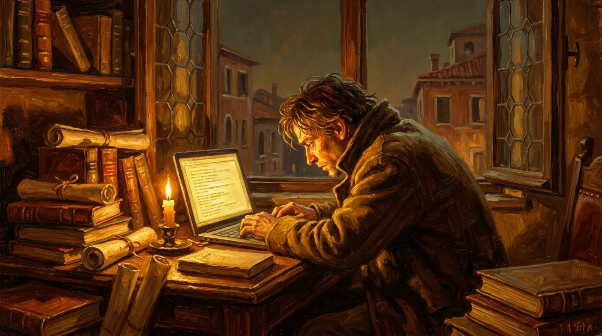 Affresco rinascimentale lettore assorto in studio con laptop, espressione di immersione narrativa