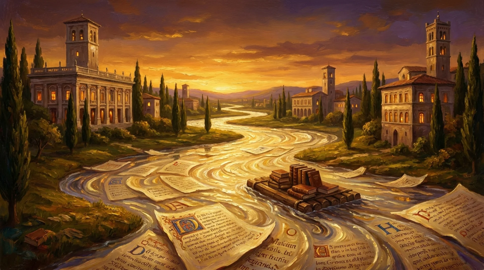 Affresco rinascimentale di valle italiana con fiume di manoscritti e zattera di libri al tramonto