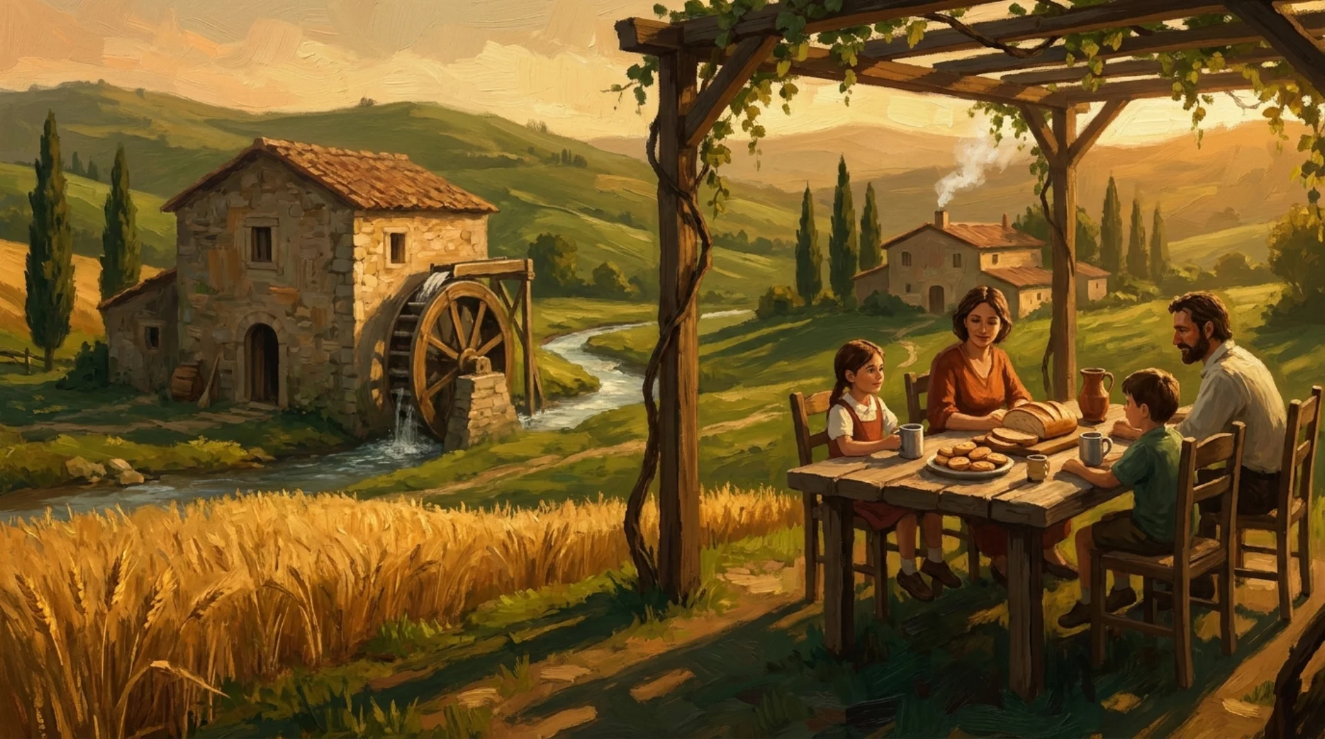 Affresco rinascimentale di campagna italiana con mulino e famiglia a colazione, golden hour