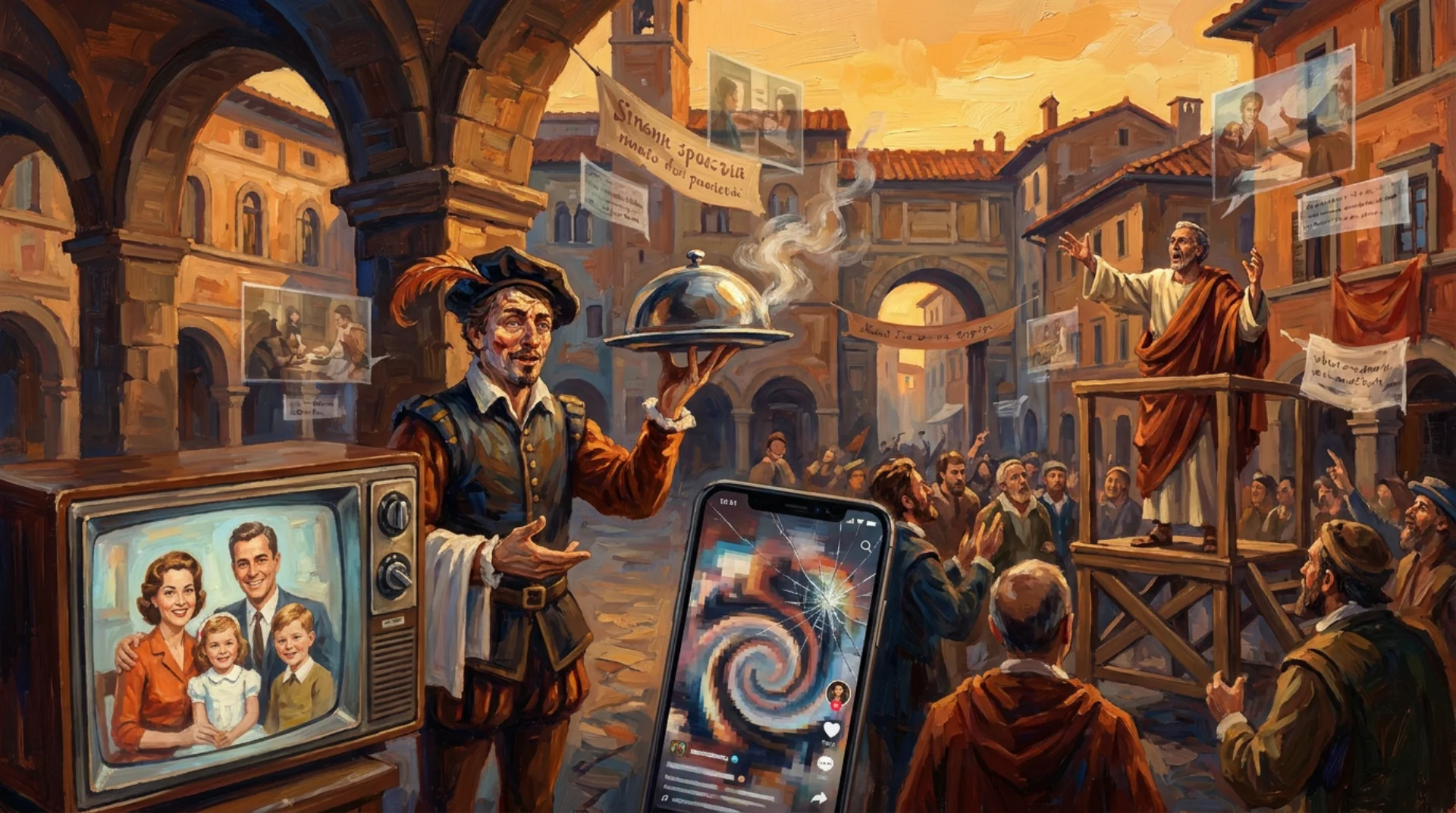 Affresco rinascimentale di piazza italiana con TV, smartphone, cameriere e politico che raccontano storie simultaneamente