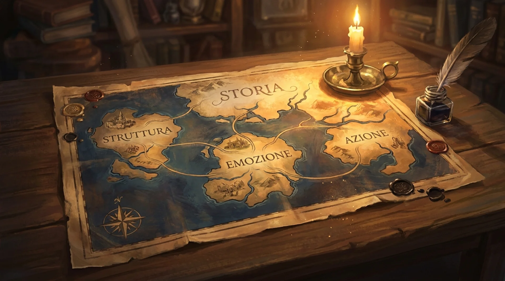 Affresco mappa rinascimentale illuminata con i 4 territori narrativi: storia struttura emozione azione