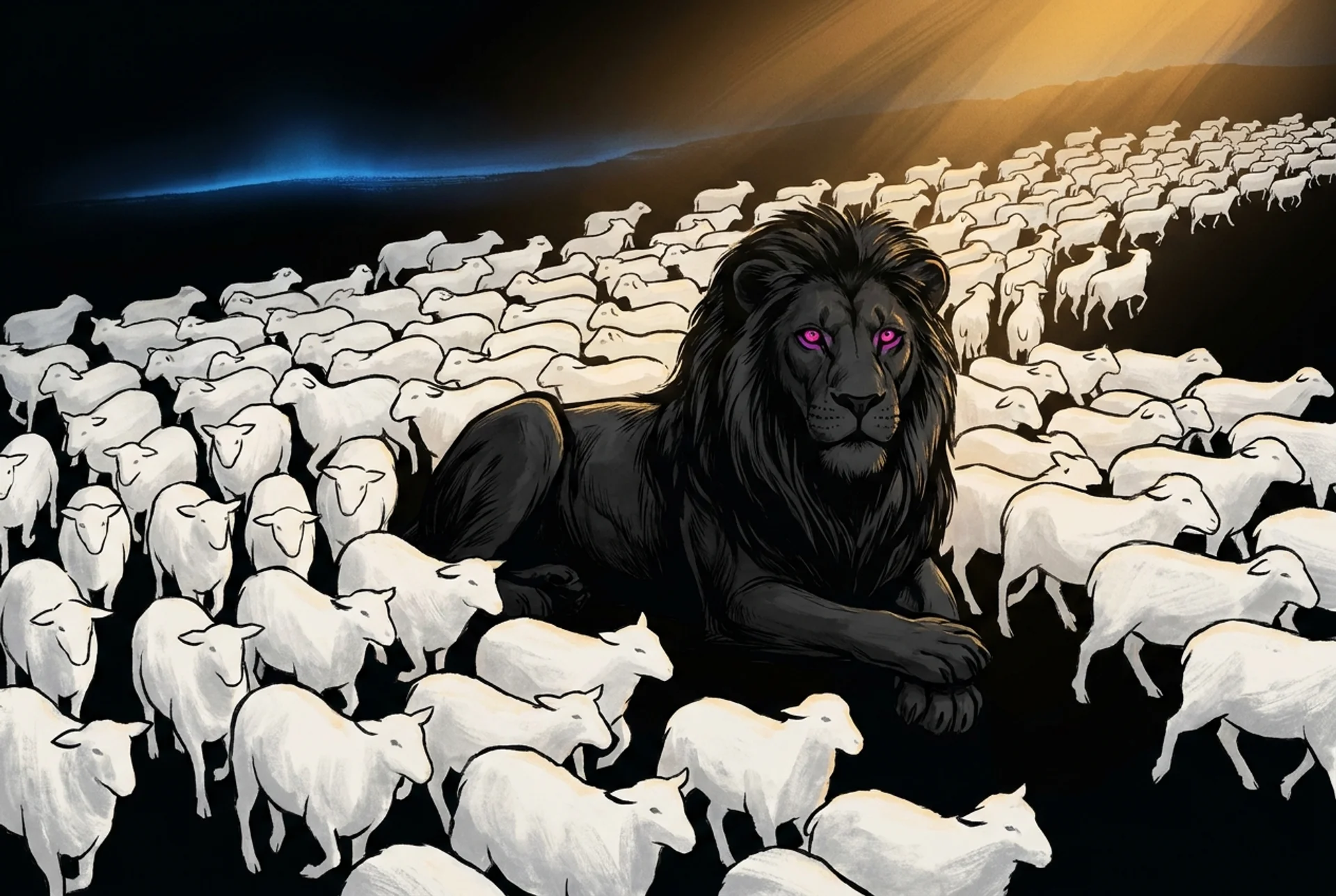 Un leone nero con occhi accesi tra un gregge di pecore bianche — simbolo del divergente